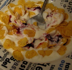 fat-free yogurt, 2/3 cup cornflakes, and a couple of spoonfuls of light, sugar-free strawberry jam